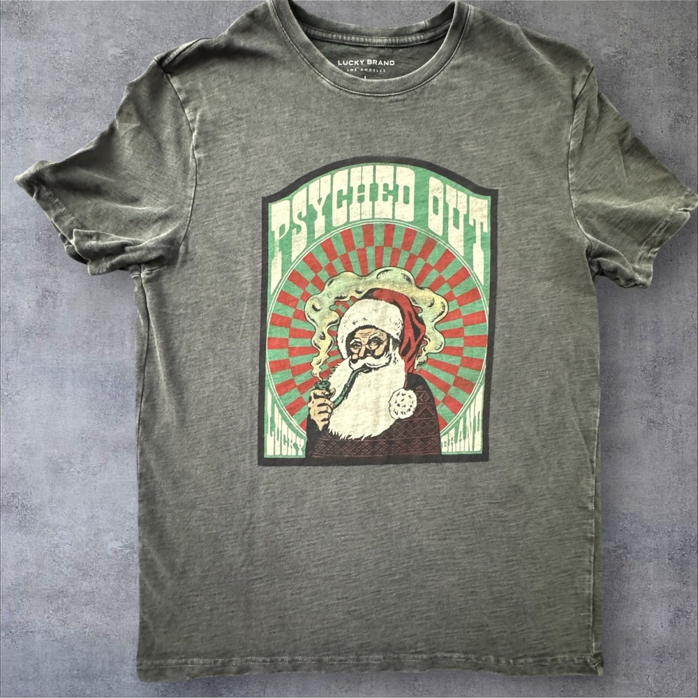 Lucky Brand Psyched Out Santa T-Shirt Large Gray Graphic Tee Christmas Xmas - Picture 1 of 9